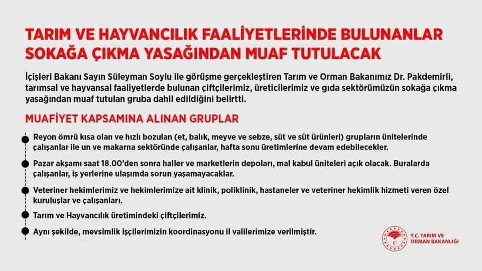 Çiftçiler sokağa çıkma yasağından muaf